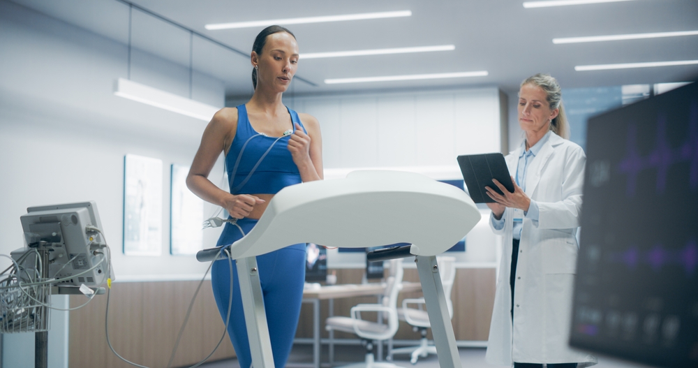 First responder undergoing cardio-pulmonary testing in Hackensack NJ with doctor supervision