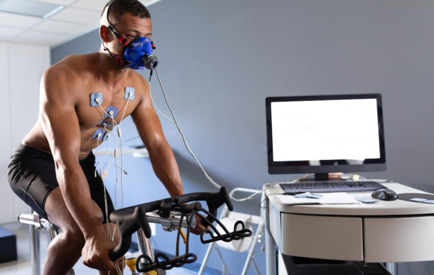 Man undergoing cardiopulmonary exercise exam during cardiovascular testing in Hackensack NJ