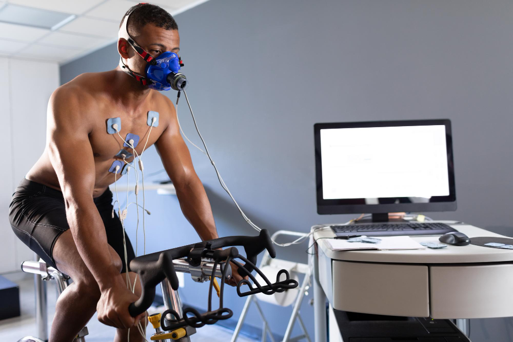 Man undergoing cardiopulmonary exercise exam during cardiovascular testing in Hackensack NJ