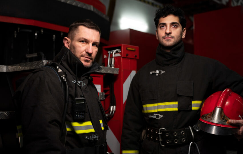 Two firefighters in full gear standing inside a fire station, representing first responders affected by low testosterone in Hackensack NJ.