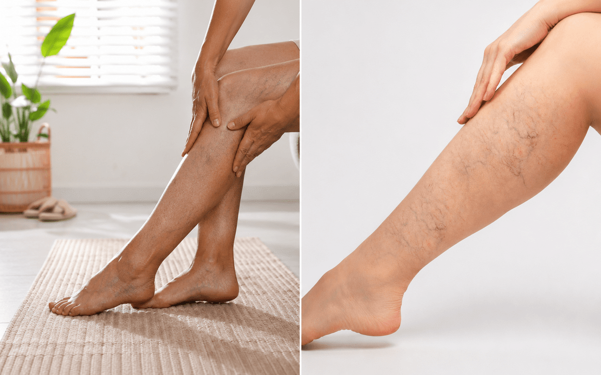 Side by side comparison of varicose veins vs spider veins showing bulging varicose veins on left and flat web-like spider veins on right